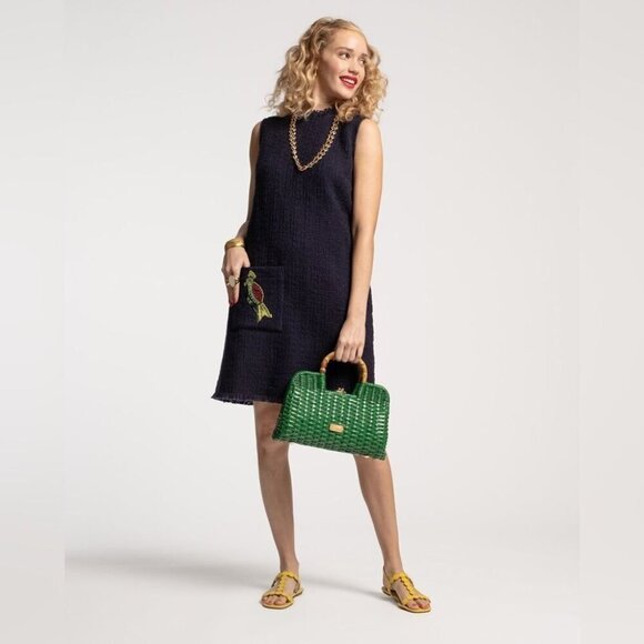 FRANCES VALENTINE Twiggy Fringe Dress Cotton Boucle Navy size 1 X - Picture 3 of 16